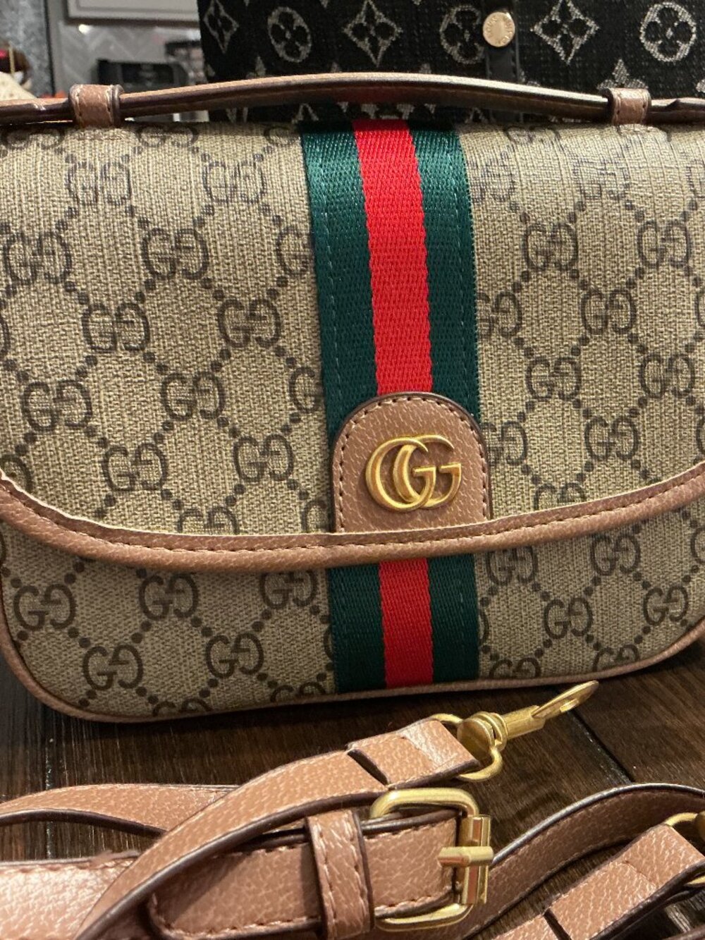 **Designer Inspired GG Monogram Crossbody Bag | Green Red Stripe | Brown**